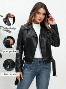 Áo khoác da PU nữ họa tiết hoa cổ điển, thiết kế tay áo đôi phong cách punk nhiều màu sắc - Lựa chọn lý tưởng cho mùa thu/đông, kèm thắt lưng. Màu đen. - Xem 1