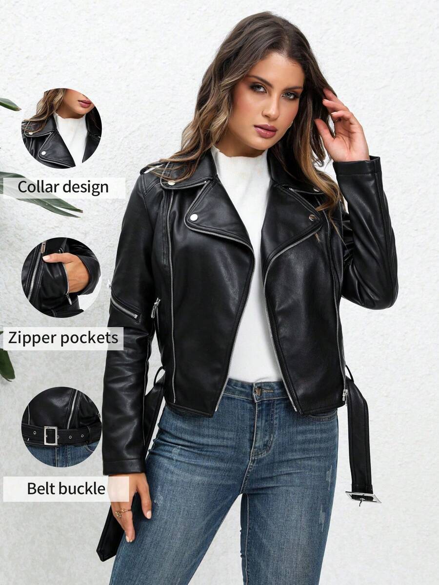 Áo khoác da PU nữ họa tiết hoa cổ điển, thiết kế tay áo đôi phong cách punk nhiều màu sắc - Lựa chọn lý tưởng cho mùa thu/đông, kèm thắt lưng. Màu đen. - Xem 1