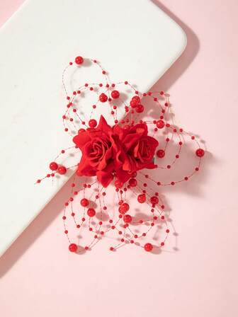 1 st dubbel rosblomma pärlkedja lyxigt hårspänne, lämpligt för alla hjärtans dag, bröllop och vardagskläder