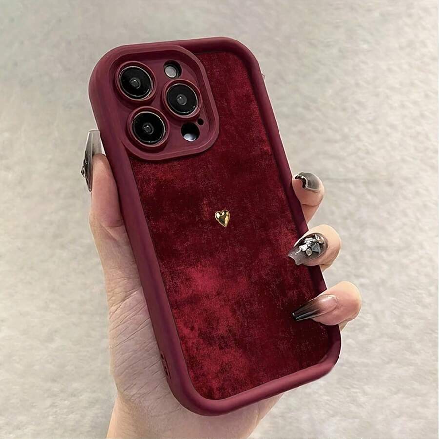 1个TPU材质时尚简约经典奢华复古优雅软酒红色天鹅绒心形图案手机壳，兼容苹果/17Promax/16/15/14/13/12/11/X/XR/XSMax/7G/8Plus，送给妻子/女友/闺蜜的礼物 - 紅色 - 查看 1