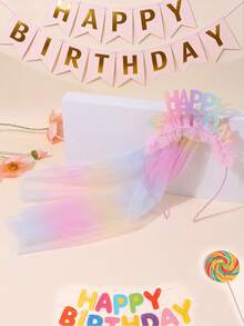1 tiara brilhante com lantejoulas "Feliz Aniversário", scrunchie de tule com glitter arco-íris para meninas, tiara de flores de chiffon arco-íris, acessório de cabelo delicado, ideal para festas de aniversário e para adolescentes. - Multicolorido - Ver 2