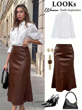 Damen Karamell-braune Leder Meerjungfrau Rock, hohe Taille mit figurbetonter Silhouette, glatte Lederstruktur, fließender Meerjungfrauensaum, geeignet für den Arbeitsweg, Café-Dates, Einkaufstouren und mehr, mühelos chic