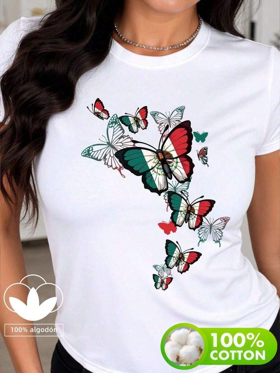 Camiseta holgada para mujer con estampado de la bandera de México y mariposas, cuello redondo y manga corta, 100 % algodón - Blanco - Ver 1