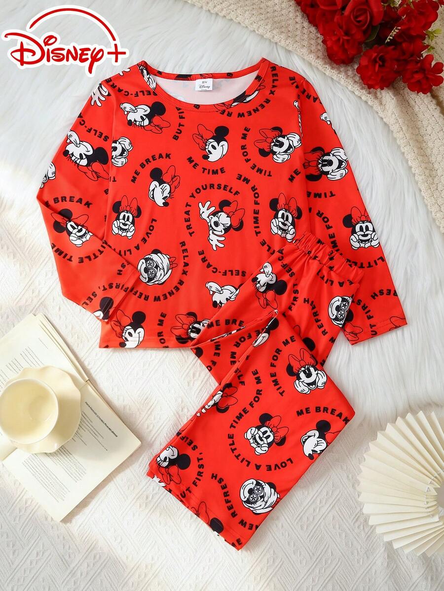 Disney 少女米妮字母印花休闲圆领长袖松紧腰裤套装，可爱图案，舒适日常穿着 - 紅色 - 查看 1