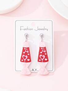 1对浪漫情人节心形印花设计女士时尚耳环，适合节日派对、约会等场合 - 彩色 - 查看 1