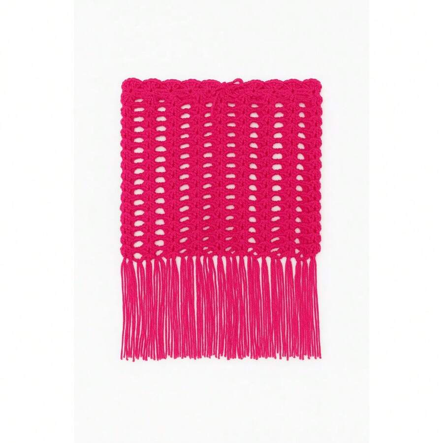 Handmade Crochet Beach Cover-Up - Fan Skirt With Fringe For Beach And Vacation - Hot Pink - View 1