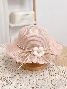 一套女童宽檐草帽和斜挎包（3-8岁） - 透气户外沙滩帽和包包，带有花朵装饰，适合幼儿小女孩 - 1set 草帽+斜跨包 - 查看 3
