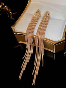 1 Pair Simple Minimalist Exaggerated Design Long Tassel Earrings For Women, Suitable For Daily Wear - Gold - View 2
