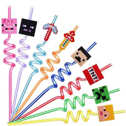 8支装像素风3D螺旋吸管，儿童生日派对装饰，果汁吸管，婴儿派对用品