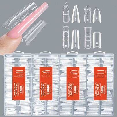 Caja de 256 piezas/Puntas de extensión de uñas con estilo de sándwich, 128 piezas de molde superior + 128 piezas de molde inferior, Puntas de extensión de uñas de gel rápido, cobertura completa, 16 tallas, Puntas de uñas de gel acrílico para extensión de uñas, con línea guía, suministros de arte de uñas