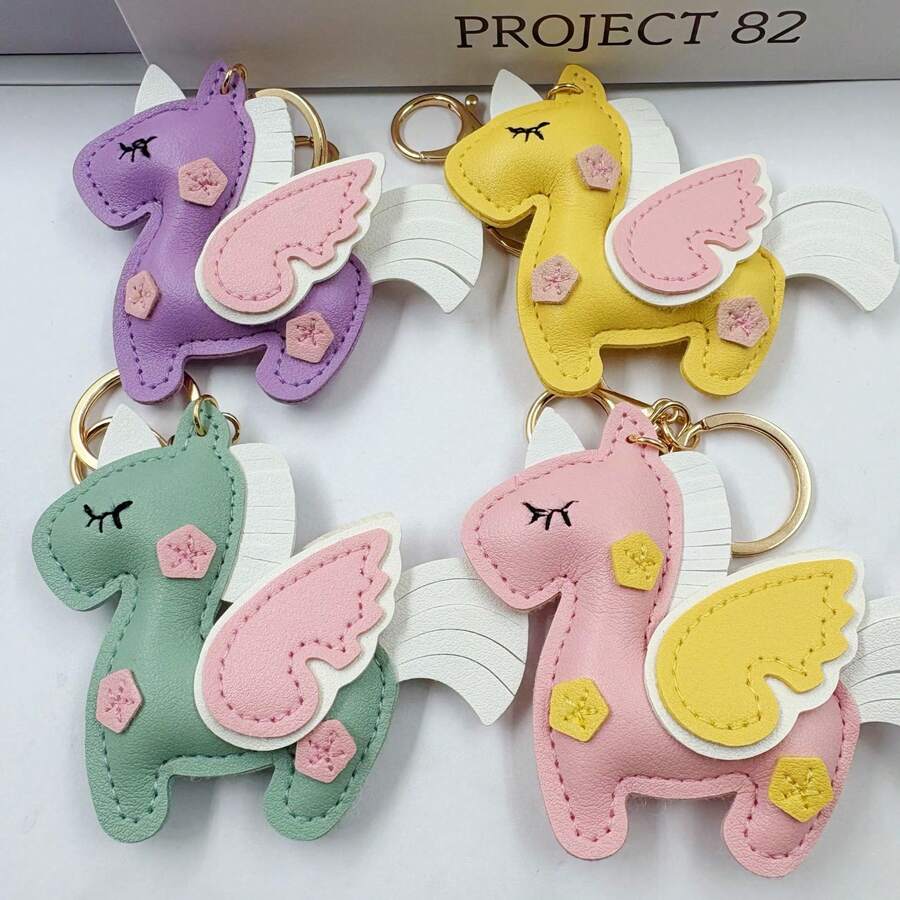 1pc New Dreamlike Winged Horse PU Leather Keychain, Cartoon Unicorn Shaped Car Key Chain Pendant, Colorful Bag Accessory Gift - Multicolor - View 1