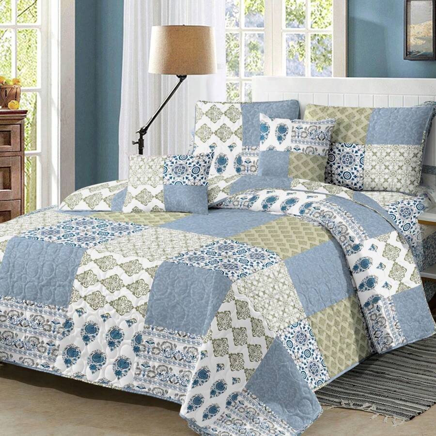 Reversible Quilts Bed Comforter Set Lightweight Bedspreads Coverlet (1 Quilt, 1 Or 2 Pillow) Floral Pattern Quilt Bedding Set For All Season - Màu xanh lam - Xem 1