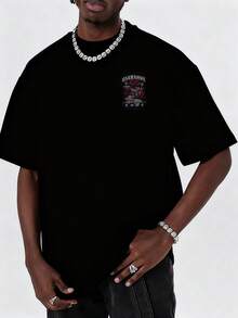 Men's Fashion Versatile Rose Slogan Print Breathable Crew Neck Short Sleeve T-Shirt, Summer - Black - View 2