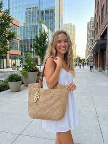 Women's Straw Bag, Beach Style, Summer, Braided Strap With Shell Pendant, Chic, Minimalist, Unisex - 卡其色 - 查看 8