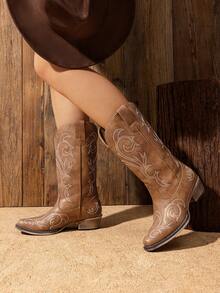 Botas de Vaquero para Mujer de Media Pantorrilla con Punta Cuadrada, Cowboy Boots para Dama con Tacón Grueso - Marrón Mocha - Ver 3