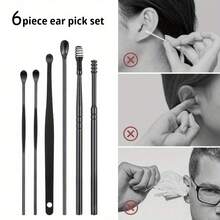 6-Piece Ear Wax Cleaning Kit - Earwax Removal Tool, Portable Ear Pick Cleaning Tool With Storage Leather Case, Reusable Spiral Cleaner, Tapered Tool| Household Daily Ear Care Tools| Black/Yellow/Pink/Green - Black - View 4