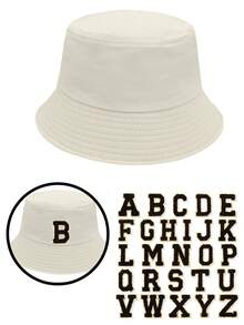 1 pieza Sombrero de cubo tricolor para niños + 26 piezas de parches bordados autoadhesivos, sombrero de sol de algodón transpirable, gorra ajustable para exteriores, decoración de letras DIY, sombrero de moda casual, adecuado para primavera/verano unisex para niños - Negro (letras) - Ver 128