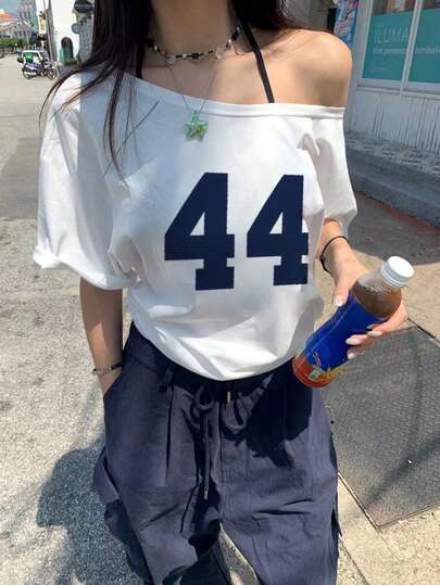 Women's Off-Shoulder White Short Sleeve T-Shirt, High Elasticity Regular Polyester Top, Size 44 Printed, Suitable For Casual Daily And Office Wear