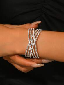 1pc Women's Luxurious Elegant Multi-Layer Crossed Rhinestone Bangle, Suitable For Daily Wear And Parties - Silver - View 2