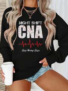 Sudadera de Cuello Redondo Hecha de Fibra con Patrón de Letras, Modelo A91053 - Negro - Ver 6