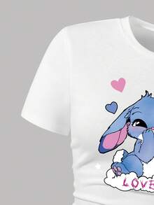 Youth Girl Cartoon Print Short Sleeve Top And Denim Skirt Set - White - View 4