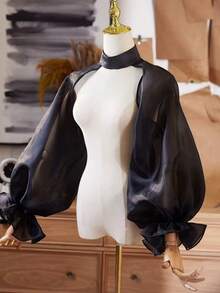 European & American Style Bridal Long Sleeve Shoulder Decor Chiffon Shawl, Versatile Accessory For Wedding Dress - Black - View 7
