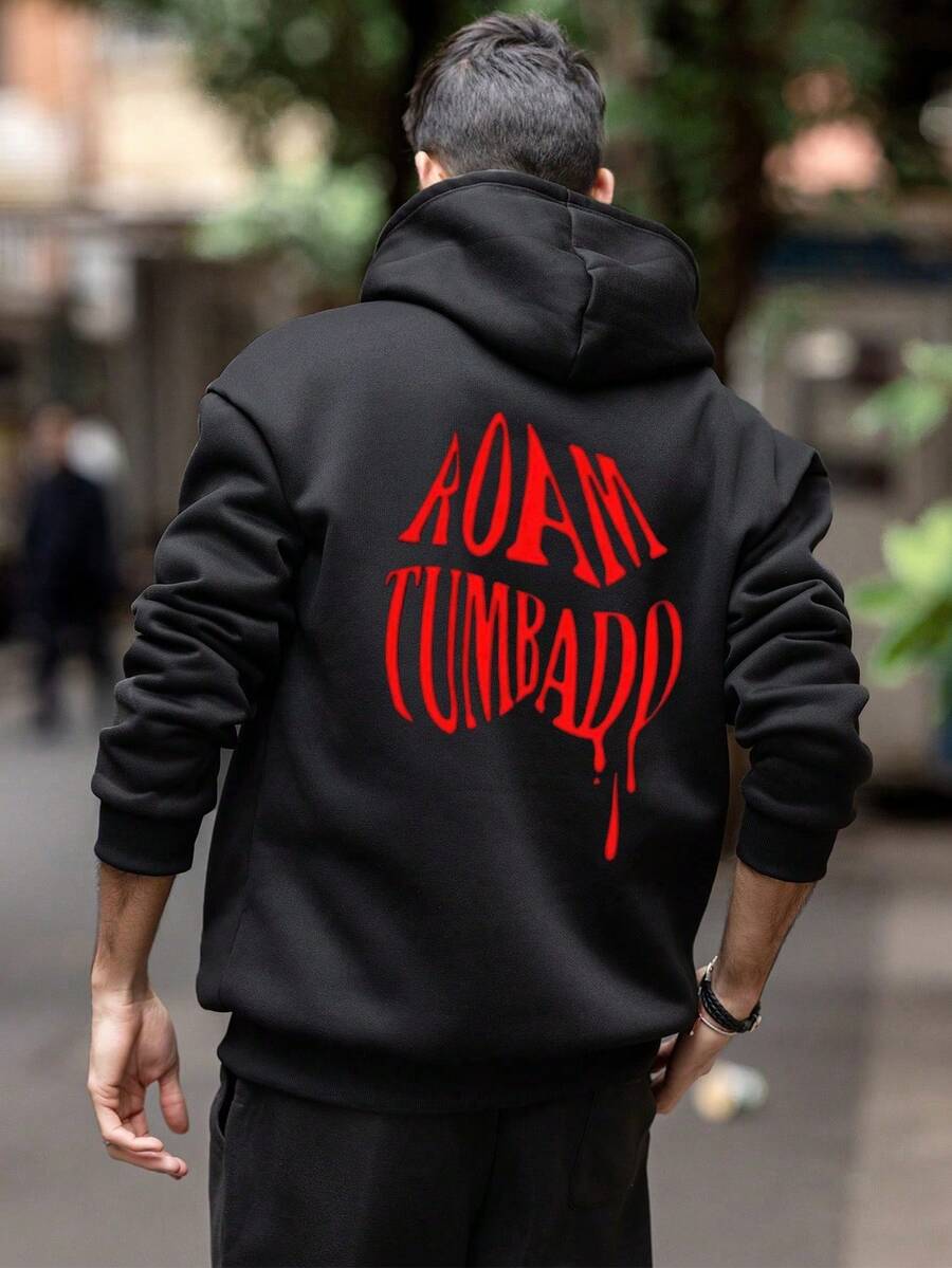 Entrega local |Street Life Sudadera con capucha para hombre ropa urbana de moda estampados de letras y personajes estilo hip hop diseño de cordón ajustable sudadera oversize cómoda para uso diario streetwear moderno - Negro - Ver 1