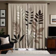 2 piezas de cortinas digitales de alta definición con estampado, estilo minimalista, fondo beige con hojas negras, marrones y patrón de flores blancas, cortinas de poliéster semi-opacas, duraderas y lavables a máquina, diseño de ojal para varilla (varillas no incluidas), adecuadas para oficina, sala de estar, dormitorio, comedor, cocina, baño, estudio. Cortinas semitransparentes fáciles de instalar, decoración del hogar de uso diario, adecuadas para todas las estaciones - Multicolor - Ver 6