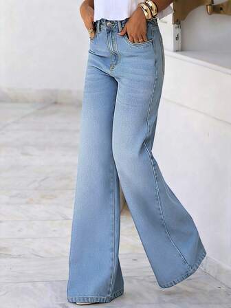 High Waisted New Loose Fit Stretchy Skinny Full Length Jeans, Versatile Casual Classic Light Wash Blue Denim Pants For Women