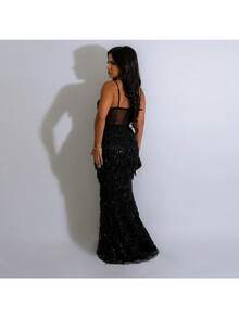 Vestidos Elegantes De Mujer Vestidos Dresses For Women Formal Dresses For Women Dresses For Women Elegant Prom Dresses Formal Dresses For Women Formal Gowns For Women Evening Elegant Sequined Party Long Dress, Fashionable Spaghetti-Strap Hip-Hugging A-Line Dress For Women - màu đen - Xem 2