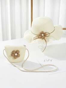 一套女童宽檐草帽和斜挎包（3-8岁） - 透气户外沙滩帽和包包，带有花朵装饰，适合幼儿小女孩 - 1set 草帽+斜跨包 - 查看 9