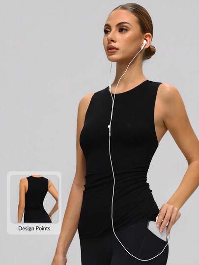 MASKERT Women's Ribbed Sports Tank Top, Crew Neck Sleeveless, Side Ruched Design, Skin-Friendly Breathable, Suitable For Yoga, Fitness And Casual Wear