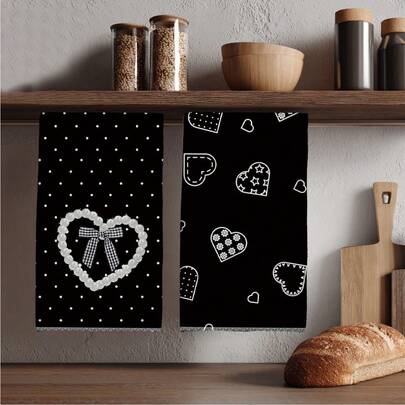 2pcs Kitchen Towels, Black & White Polka Dot Heart Handdrawn Pattern Print, 40*60cm Rectangular Super Absorbent Fiber Kitchen Towels, Dish Cloths, Hand Towels, Kitchen Decor, Housewarming Gift, Kitchen Linens, Valentine's Day Home Decor, Valentine's Day Gift