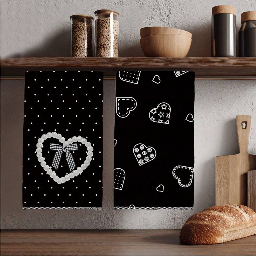2 Stück Küchentücher, Valentinstag Schwarz & Weiß Polka Dot Herz handgezeichnetes Herzmuster Muster, 40*60cm rechteckige Mikrofaser Küchentücher, Geschirrtücher, Tischdecken, Handtücher, Küchendekoration, Einweihungsgeschenke für Nachbarn, Küchenservietten & Geschirrtücher, Valentinstag Heimdekoration, Valentinstag Geschenke - Schwarz und Weiss - Übersicht 1