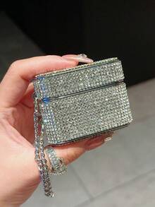 合金闪亮水钻2000年代时尚Y2K单件装银色水钻无线防摔耳机充电盒，兼容 Pro 2/4/3.5，带链条，兼容 Pro 3，生日礼物派对 - 銀色 - 查看 4