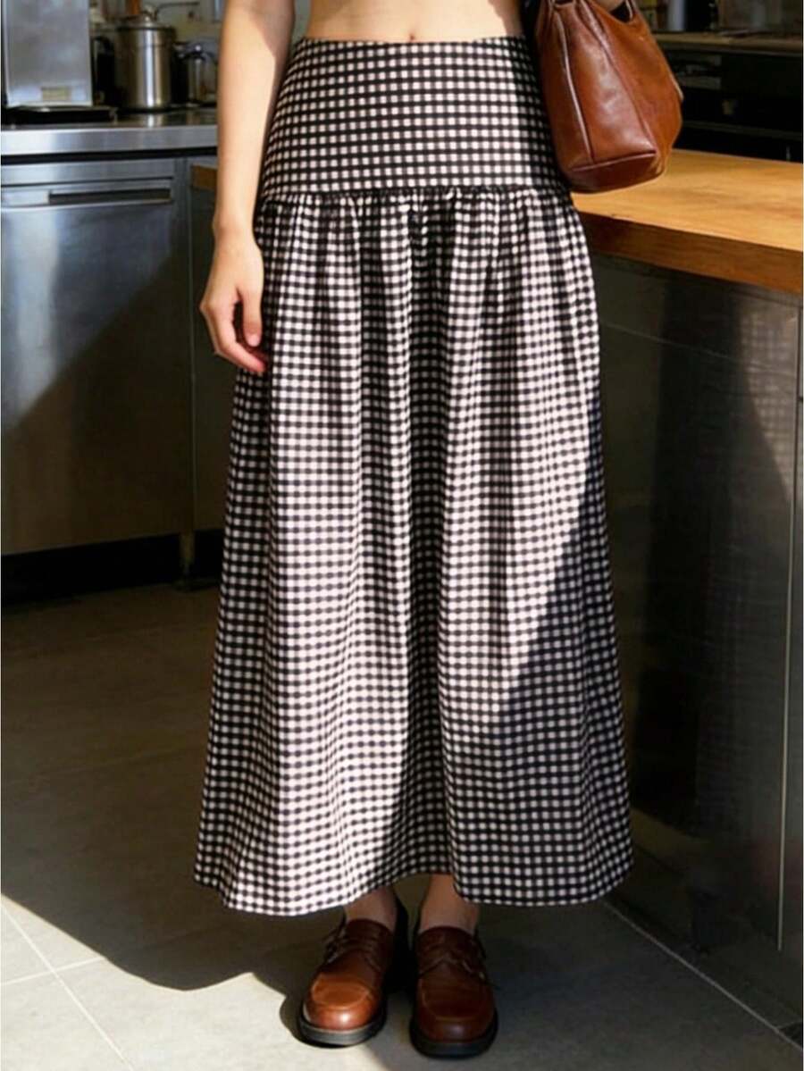 Women's Long Skirts Dropped Waist Plaid Skirts Summer Casual A-Line Skirts Streetwear - màu nâu - Xem 1