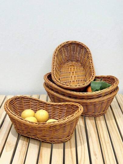 1pc Oval Rattan Woven Fruit Basket, Living Room Snack Basket, Kitchen Storage Basket, Picnic Bread Basket, Home Fruit Basket, Creative Household Storage Basket, Picnic Fruit & Snack Basket