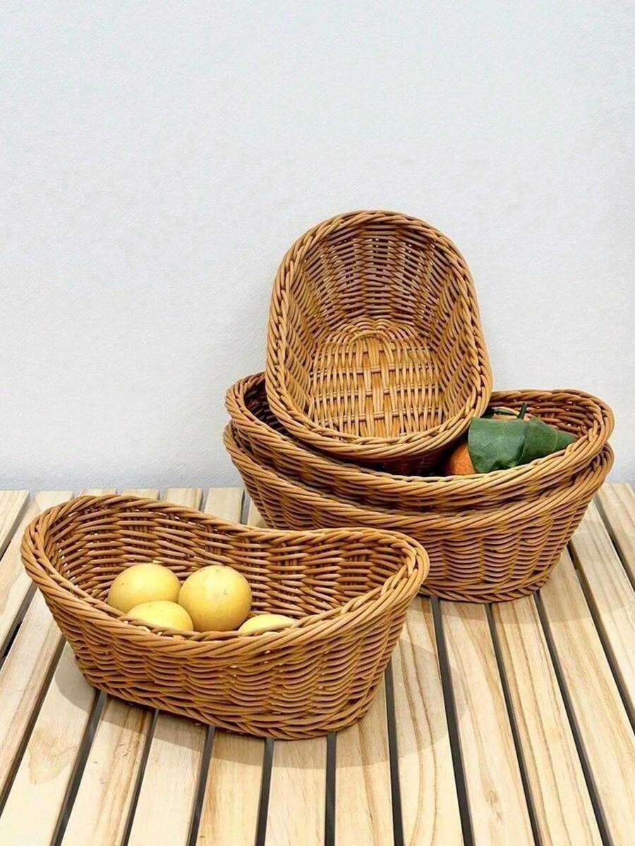 1个椭圆形藤编水果篮，客厅零食篮，厨房收纳篮，野餐面包篮，家用水果篮，创意家居收纳篮，野餐水果零食篮 - 咖啡色 - 查看 1