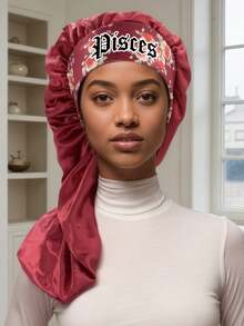 1 pieza Gorro de satén básico para el cabello con impresión personalizada de 12 constelaciones, gorro de dormir de satén de ala ancha con elástico (Patrón de impresión aleatorio) - Estampado del zodiaco CM14 rojo - Ver 11