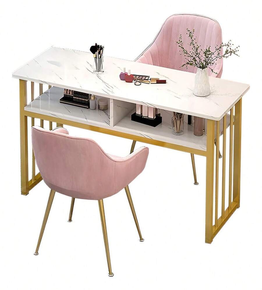 Mesa De Manicura 120cm Mármol Dorado Diseño Lujoso - Blanco - Ver 1