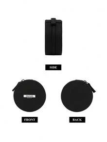 Prada Black Canvas Round Makeup Bag, Compact Portable Travel Cosmetic Pouch - Black - View 7
