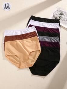 10 Pcs  Cotton  Casual-Comfy  Cute-Sweet  Casual-Sporty    Striped  Plain    High Rise    Brief Panties For Women - 彩色 - 查看 3