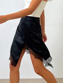 Women Lace Trim Satin Skirt Mid Rise Knee Length Split Asymmetrical Skirts For Daily Office Party - Black - View 3
