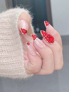 10pcs High-End Red Series, Handmade Diamond-Studded Almond-Shaped False Nails, Luxurious Sparkling Red Nail Stickers, Suitable For Valentine's Day, New Year, Red Nails, Y2K Nails, DIY Nail Art Supplies, Acrylic Press-On Nails, Red Nail Gems, Press-On Nails, Suitable For Women And Girls To DIY For Daily, Work, Study And Party - Red - View 4