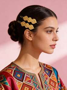 1 Pair Small Size Engraved Golden Metal Hair Clips, Suitable For Middle Eastern Ramadan, Daily, Festival, Wedding, Party Wear, Jewelry Hair Accessories, New Year Gift - Yellow - View 3