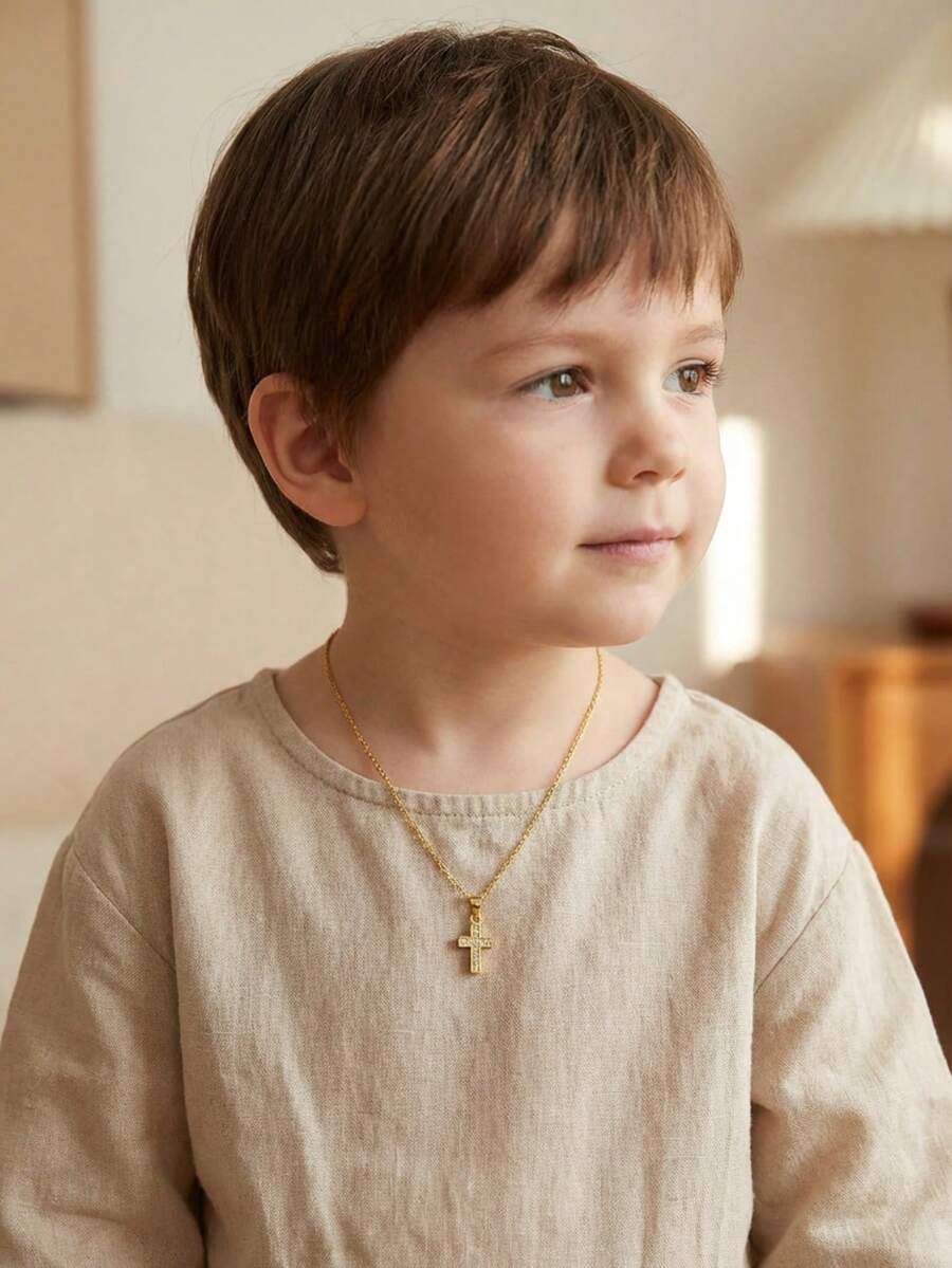 1 chiếc vòng cổ mặt thánh giá bằng thép không gỉ nhỏ và tinh xảo đính đá Zirconia dành cho trẻ em, phụ kiện trang sức, quà tặng cho gia đình và bạn bè, phụ kiện trang phục, phụ kiện tôn giáo - Vàng - Xem 1