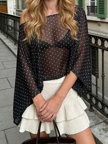 Women's Shawl Ponchos Off Shoulder Dots Print Sheer Mesh T-Shirts Summer Tunic Tops - 黑色 - 查看 3