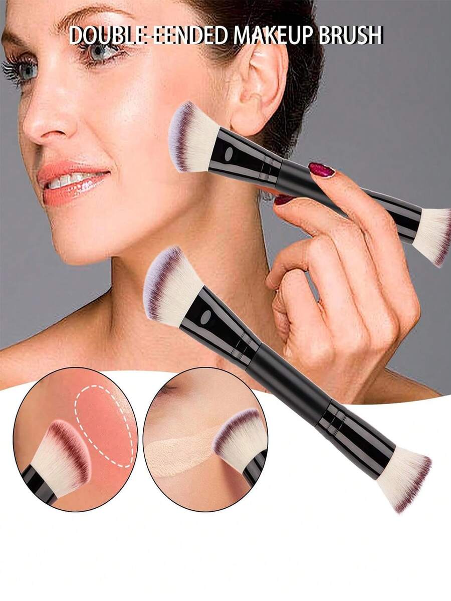 1pc Dual-Ended Makeup Brush, Soft Blush/Eyeshadow Brush, Face Makeup Brushes, Smooth Bristles Blend Easily, Powder Brush, Foundation Brush, Comfortable Handle, Concealer Brush, Home Or Salon Makeup Set, Cosmetic Tool, Face Makeup Brush, Essential Makeup Tool - Multicolor - View 1