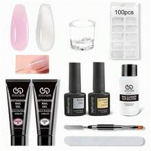 Kit completo de extensión de uñas: Gel de construcción rápida de cristal, curado con UV/LED, incluye 100 piezas de formas y un pincel versátil - Perfecto para principiantes y entusiastas del arte de uñas DIY - Multicolor - Ver 8