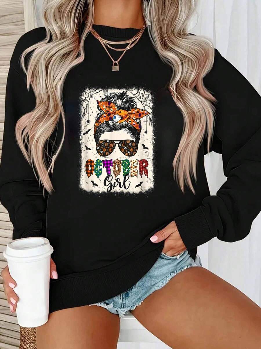 Sudadera de Cuello Redondo Hecha de Fibra con Patrón de Letras, Modelo AB505380. - Negro - Ver 1